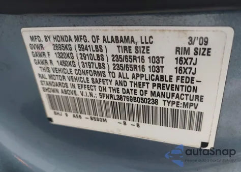 2009 Honda Odyssey Ex-L z USA, uszkodzony, nr VIN 5FNRL38769B050238